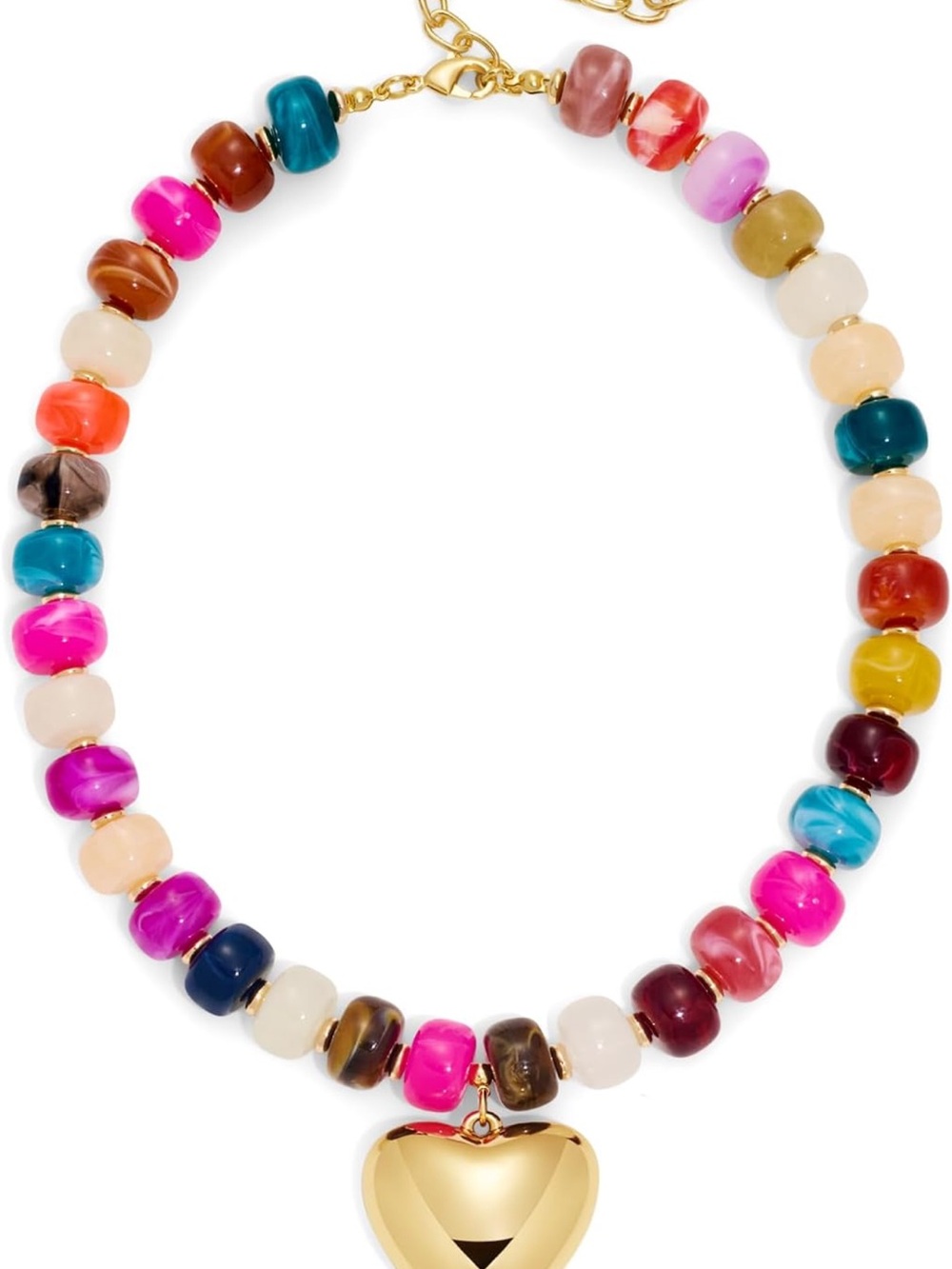 Multicolor Beaded Necklace with Gold Heart Pendant
